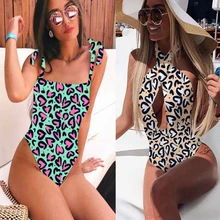 2019 Women's One-piece Swimsuit Sexy Leopard Print Swimsuit Push-up Swimsuit Bandage Female Beachwear Backless Tights frilled trim tribal print backless slit swimsuit