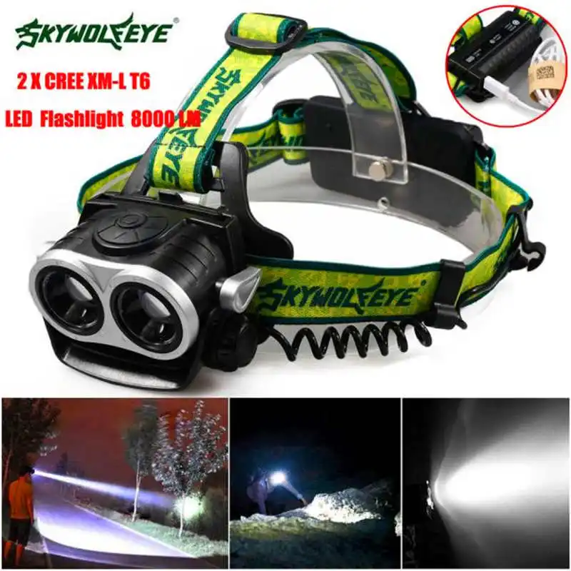 

8000LM 2X XM-L T6 LED powerful led flashlight Rechargeable 18650 USB Headlight led flashlight Head Light Torch #4S5