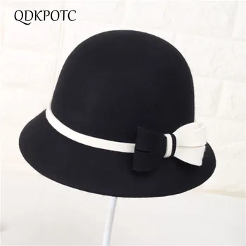 

QDKPOTC 2018 Autumn Winter 100% Wool Fedoras Mixed Colors Butterfly Hat Elegant England Fashion Small Round Cap Casual Hats