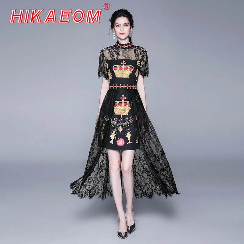 

Elegant Vintage Party Sexy Black Royal Crown Print Women Long Dresses Hollow Lace Mesh Choker See Though Fashion Patchwork Dress