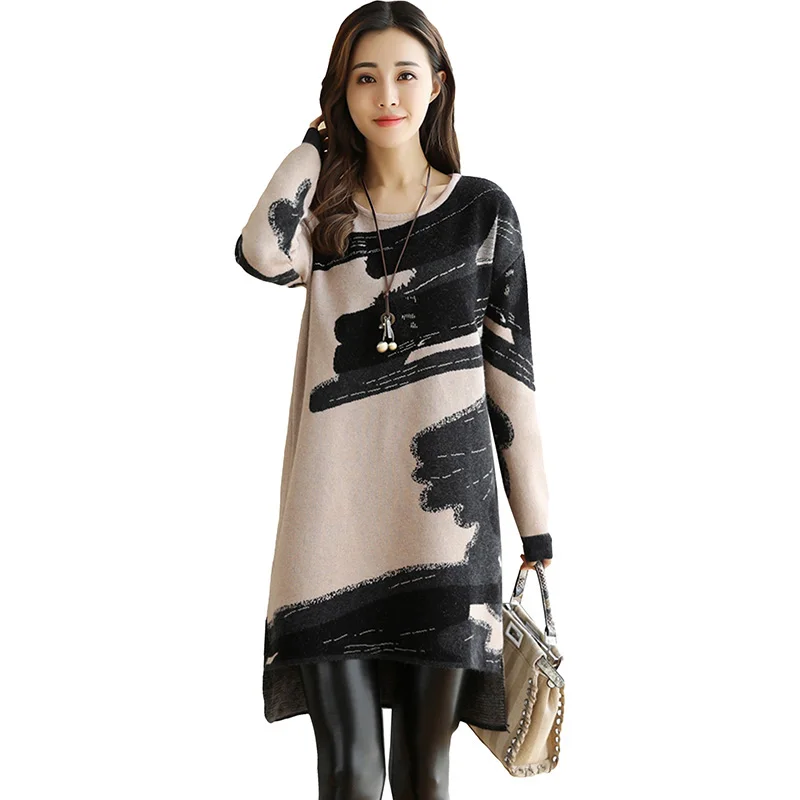 

Long Sleeve Print Knitted Dress 2017 New Autumn Winter High Quality Cashmere Sweater Dresses Loose Warm Winter Bottoming Dress