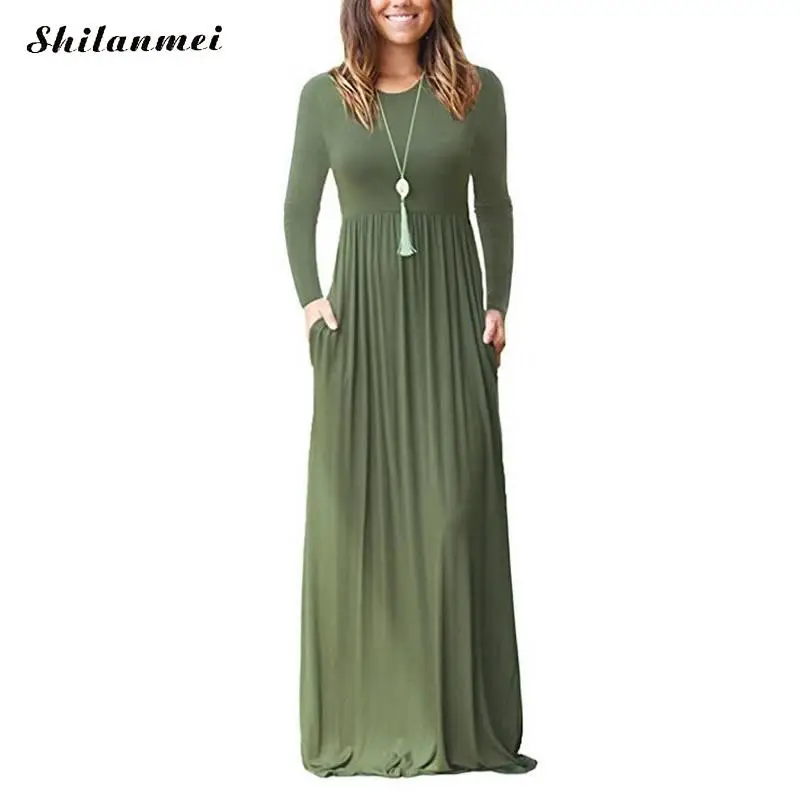 Осеннее цельнокроеное Платье макси с высокой талией, большой маятник, длинный рукав, с карманом, длина до пола, круглый вырез, одноцветное платье для женщин, Vestidos - Цвет: army green