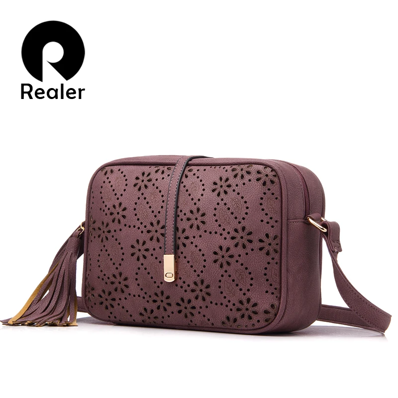 

REALER women messenger bags tassel floral hollow out ladies small shoulder crossbody bag female purse school student bag tote