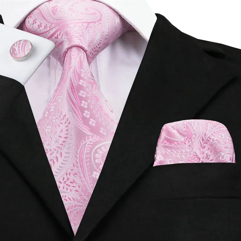 

Hot Selling Wedding Tie for Men Pink Paisley 100% Jacquard Woven Silk Necktie Set with Hanky Cufflinks on Sale C-436