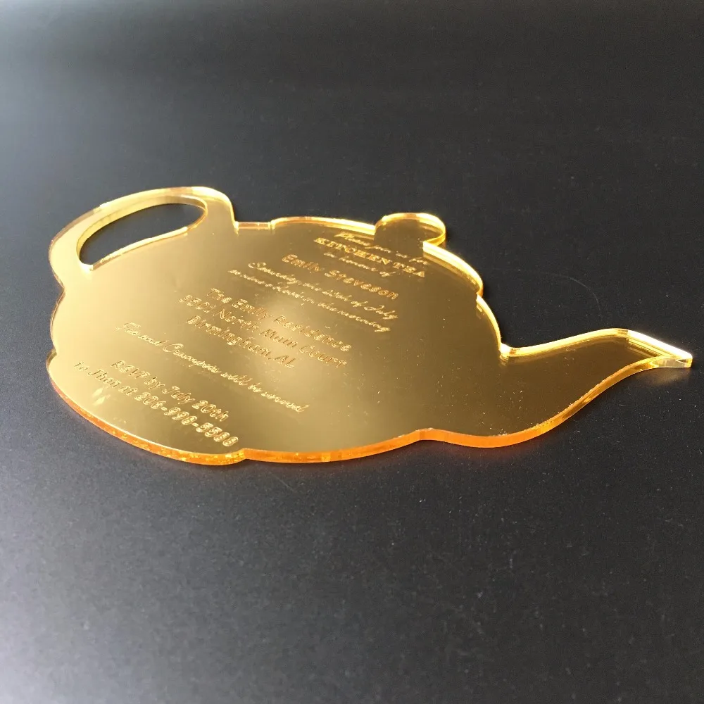  30Pieces Per Lot Funny Tea Pot Shape Wedding Kitchen Tea Golden Mirror Acrylic Invitation Cards SHI - 32872195064