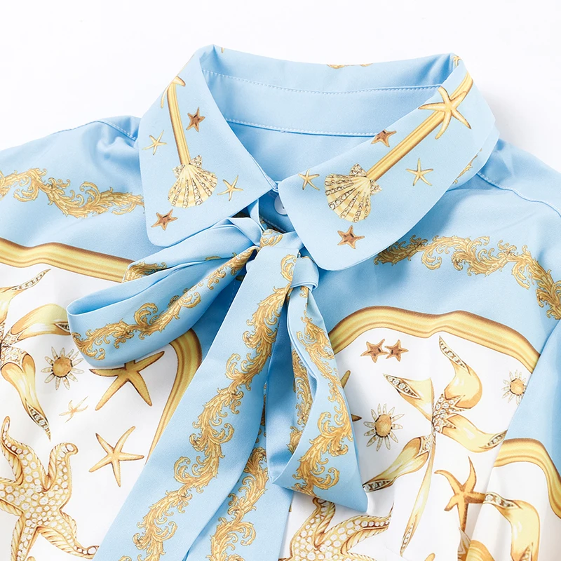 GEORELIOT Runway Designer Two Piece Suit Set Womens Long Sleeve Bow Collar Vintage Printed Blouse And Retro Midi Skirt Sets Women's Sets