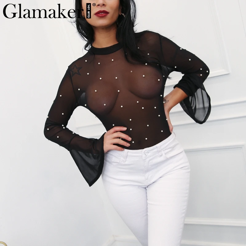 Glamaker Pearl mesh transparent sexy bodysuit Women flare sleeve autumn jumpsuit romper Female streetwear black elegant bodysuit Glamaker Pearl mesh transparent sexy bodysuit Women flare sleeve autumn jumpsuit romper Female streetwear black elegant bodysuit