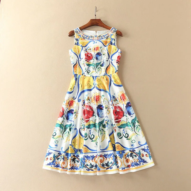 

New 2017 Summer Fashion Brand Women Floral Porcelain Tile Print Dress Sleeveless Casual Knee Length Stunning Dresses Sexy JC62
