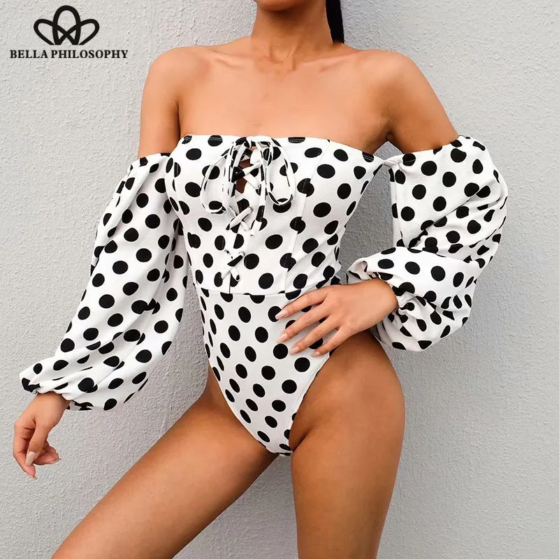 Wonder Women Long Puff Sleeve Sexy Bodysuits Vintage Off Shoulder Female Polka Dot Bodysuits Casual Lace-Up Lady Beach Rompers