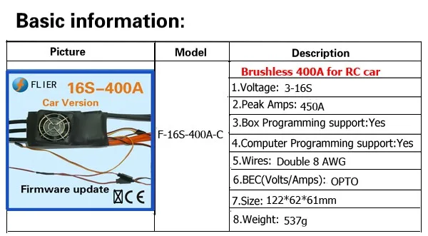 16 400A безщеточный ESC автомобиля с кейс для программирования