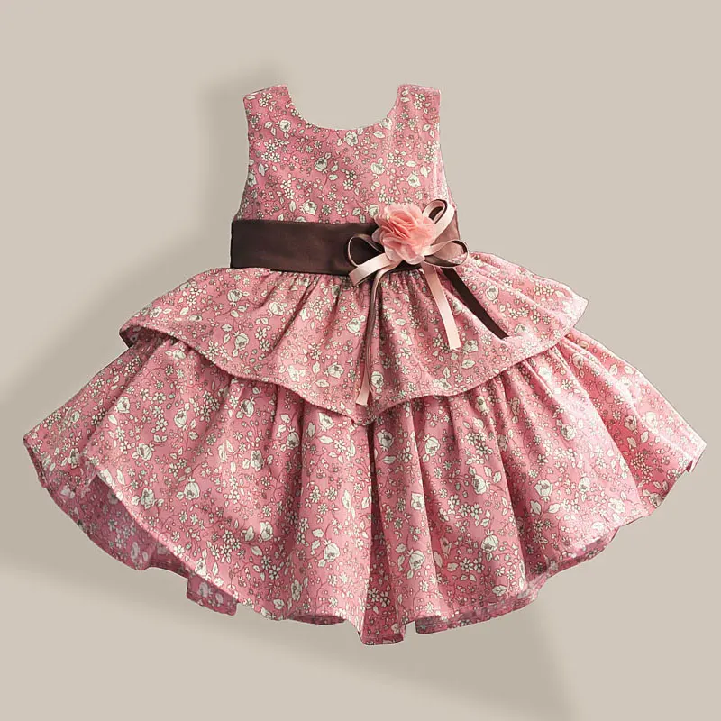 

100% Cotton Girl Dress Flower Print 2 Color Layered Princess Dresses for Party Wedding Girls Summer Dress 1-6T