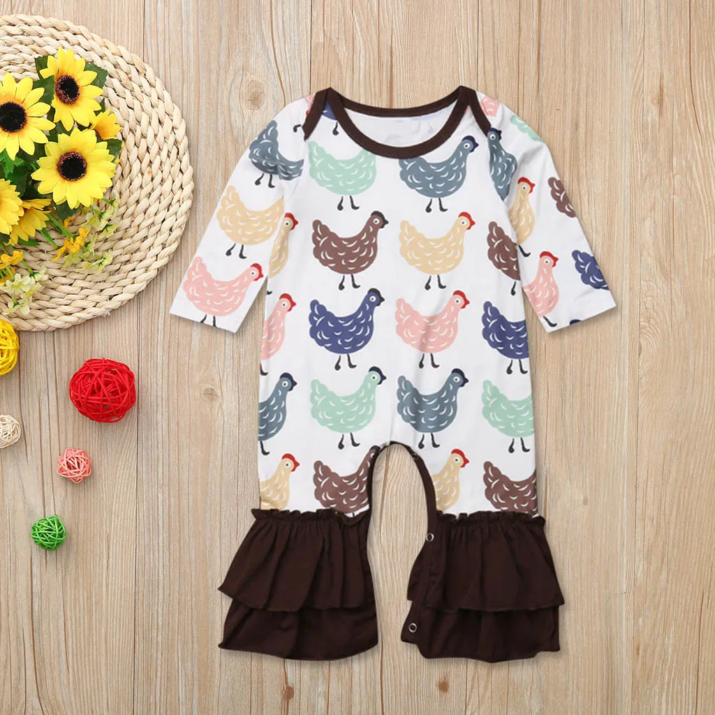

Infant Baby Girls Long Sleeve Cock Chicken Print Flares Jumpsuit Romper Clothes