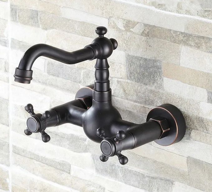 Black Oil Rubbed Bronze Wall Mount Kitchen Wet Bar Bathroom Vessel Sink Faucet Dual Cross handle atf011