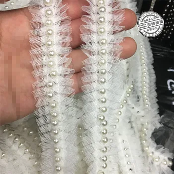 

3Yards White Beading Pearl Trims Beaded Ribbon For Sewing Curtain Headdress Accessories Mesh Ruffle Lace Decoration Dentelle