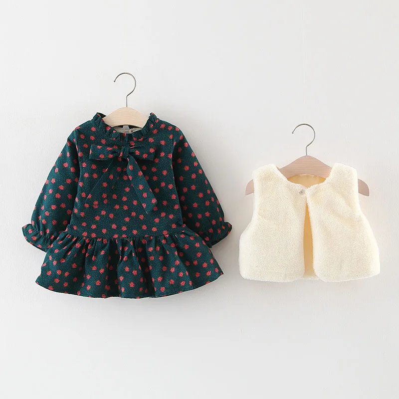 Платья для малышек, зимнее бархатное платье с длинными рукавами и круглым вырезом+ меховой жилет для девочек, комплекты теплой одежды из 2 предметов для маленьких девочек, От 1 до 2 лет