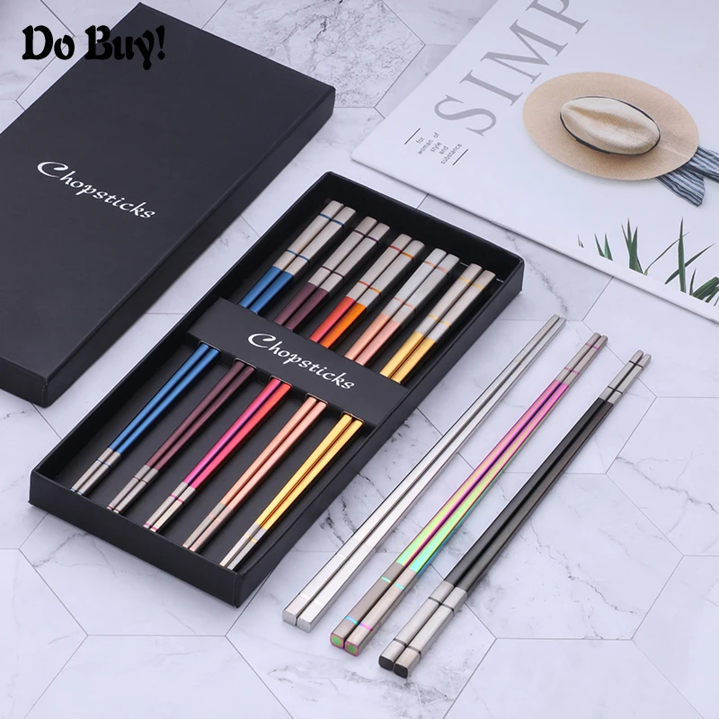 

10 Pairs Stainless Steel Square Chopsticks Chinese Stylish Healthy Sushi Chop sticks Metal Non-slip Design With Gift Box