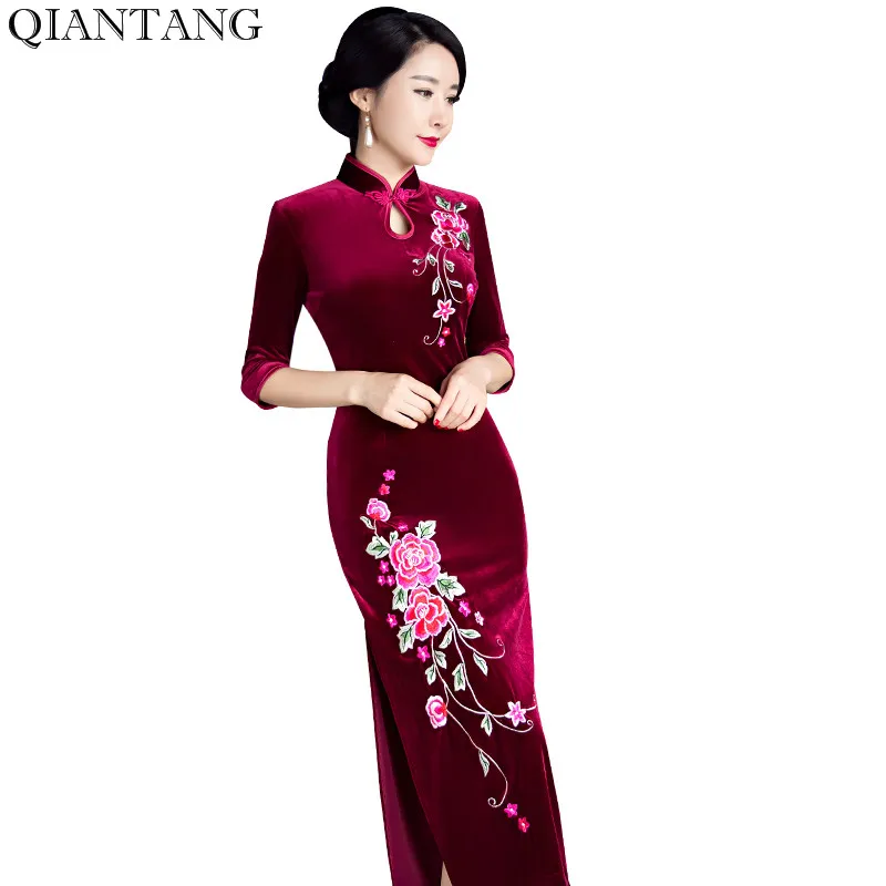 Fashion Women's Long Cheongsam New Arrival Chinese Style Velour Dress Elegant Qipao Vestido Size S M L XL XXL XXXL 4XL 5XL 32971 fashion elegant m