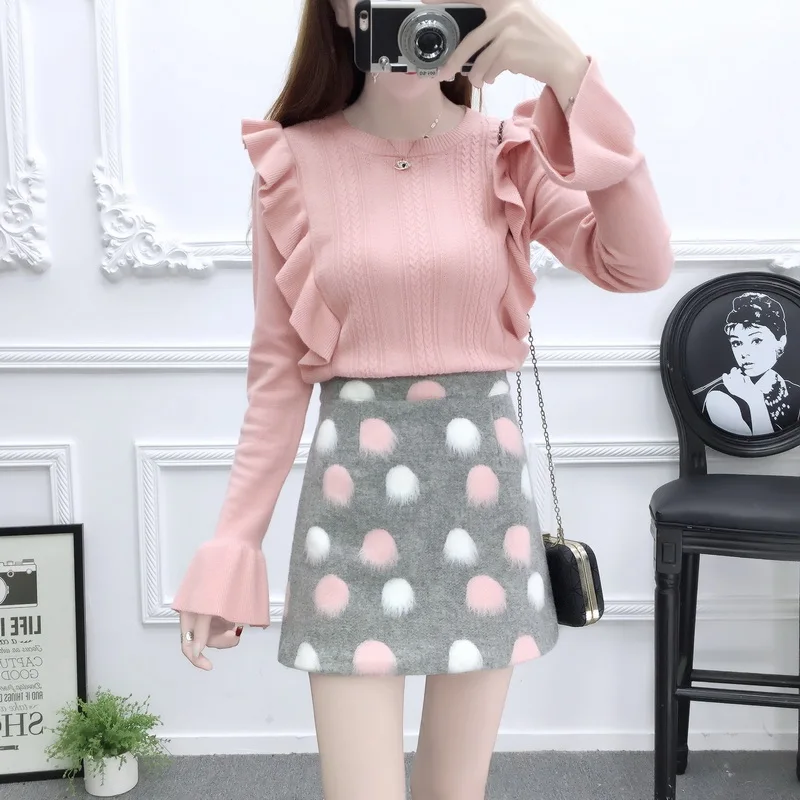 

autumn suit women pullover sweater & skirt horn sleeve knit top skirts two-piece outfit design cute clothes vestidos girl S-XL