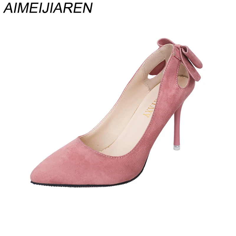 

Women's Elegant Flock Butterfly-knot Shallow Wedding Shoes Korean Fashion Women Pumps Solid Pointed Toe High Heels Shoes