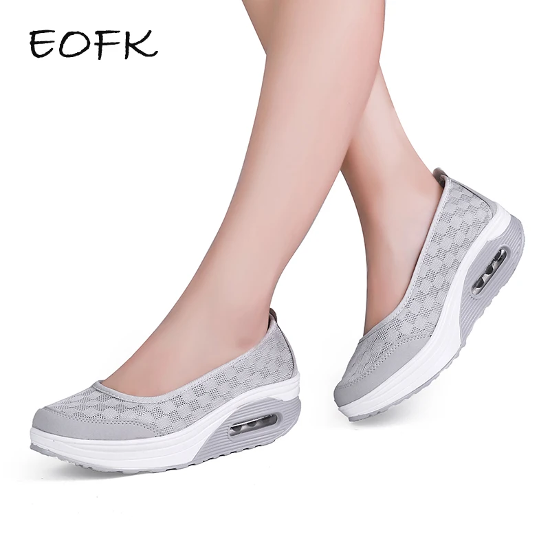 EOFK/лето Для женщин без каблука женская обувь на платформе Повседневное дышащая обувь из сетчатого материала слипоны серой ткани обувь zapatos mujer