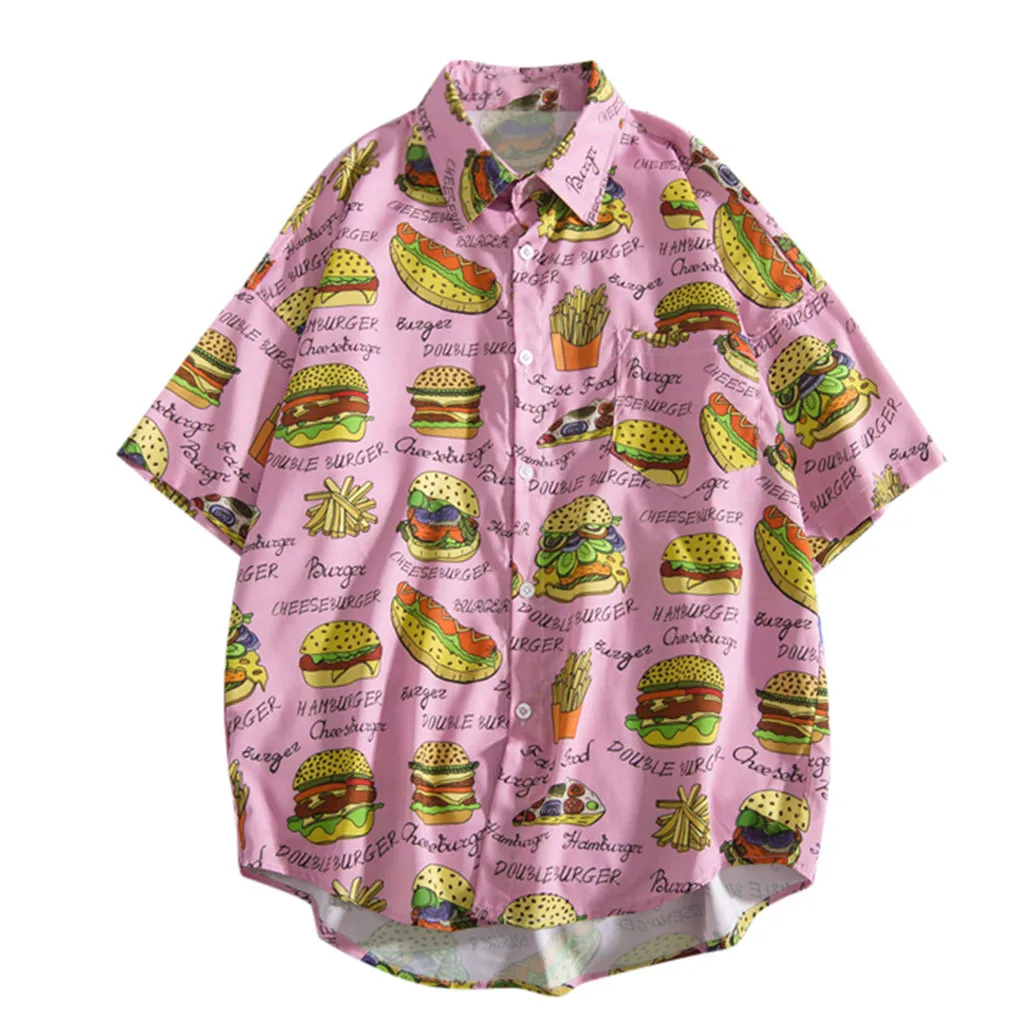 Womail, новинка, мужские летние рубашки с рисунком гамбургера фри, пляжные рубашки, мужские рубашки с коротким рукавом, повседневные летние модные свободные рубашки