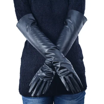 

New Women's Faux Leather Elbow Gloves Winter Long Gloves Warm Lined Finger Gloves Solid Outdoors Gloves