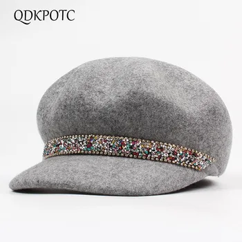 

QDKPOTC Autumn Winter New Wool felt Equestrian Knight Hat Women Cap Fashion Rhinestone Octagonal Caps Concave Convex Fedora Hat