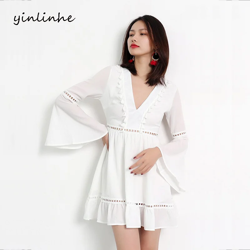 

yinlinhe White Chiffon Dress Women long flare sleeve V neck Sexy pink Summer Dress 2019 Hollow Out boho beach Vestido 860