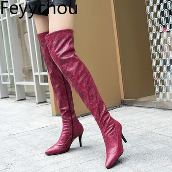 

Women's Boots Autumn Winter High Heel Pointed Toe Pu Over-the Knee Zip Python Pattern Sexy High Heel Motorcycle Boots Large Size