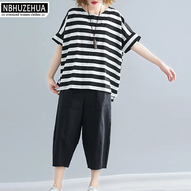 

NBHUZEHUA Womens 2 Piece Sets 2019 Bat Sleeve Striped T Shirt Top Pants Summer Set Linen Outfits Plus Size Woman Clothes 19-D362