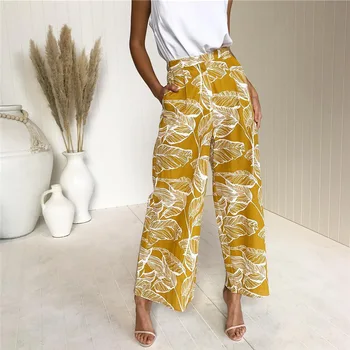

Wontive Spring Summer and Autumn 2019 New Leaves Printing Loose Long Straight Casual Pants Bohemian Wide Leg Pants