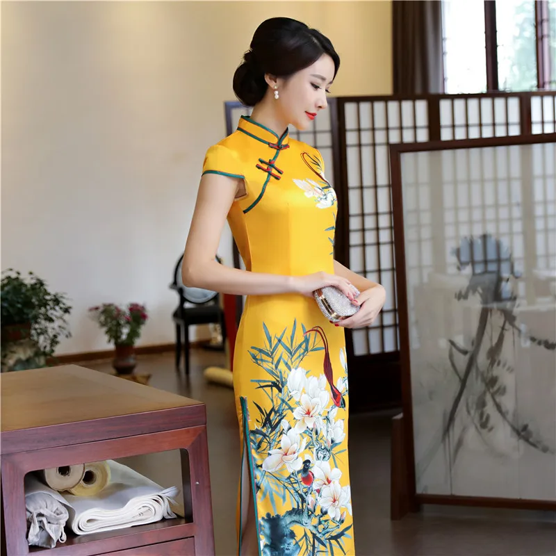 Шанхай история из искусственного шелка Qipao длинное платье Cheongsam национальный тренд платья короткий рукав тонкий традиционный китайское