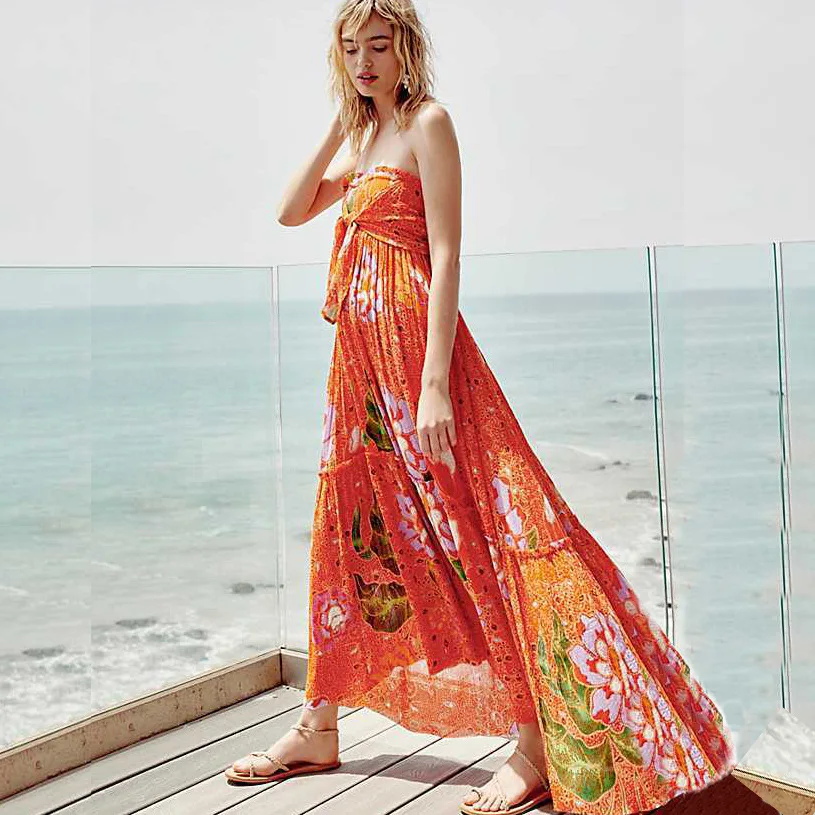 

Fashion Printed Sexy Bohemian Beach Dresses Sleeveless A-Line Maxi Runway Dress Strapless Spring Vestido