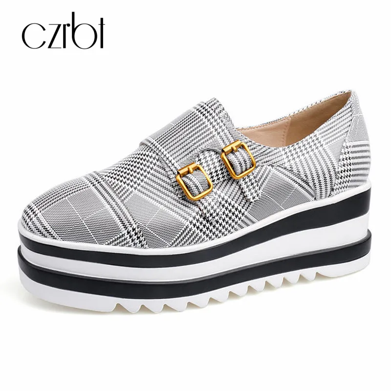 

CZRBT Thick Bottom Women Flat Platform Shoes Natural Leather Lace-up Casual Shoes British Style Women Breathable Slip-On Shoes