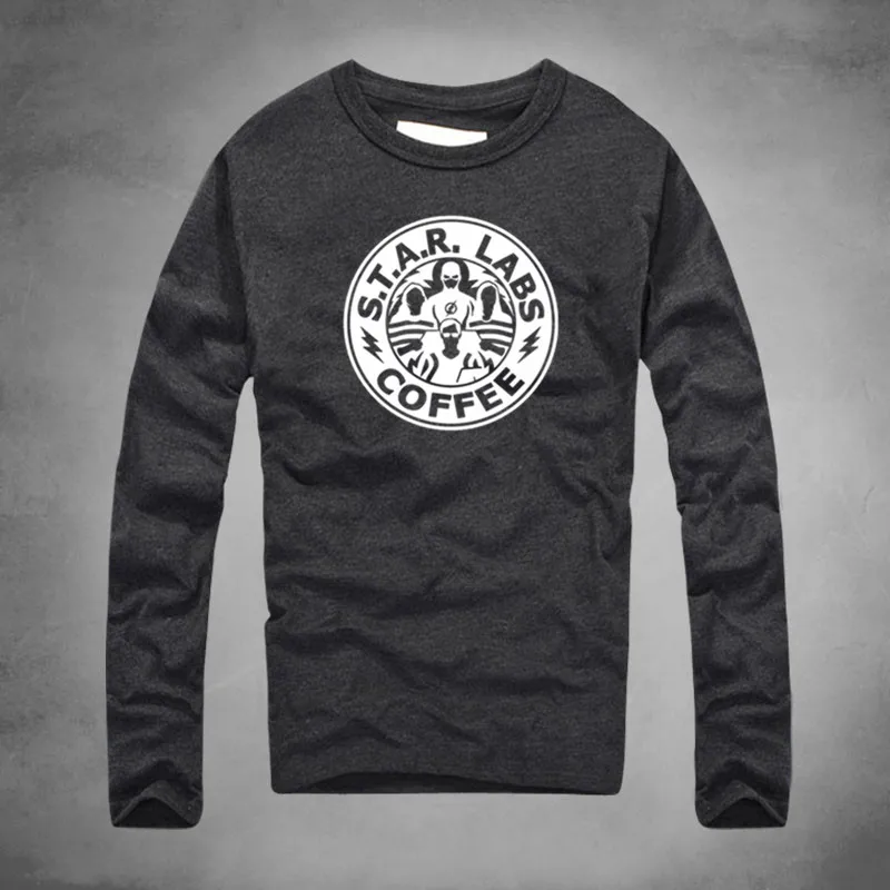 

1 STAR LABS COFFEE T Shirt Long Sleeve Full T Shirt DC Anime T-Shirts For Men The Flash Fusion Shirt Camisetas Tops & Tees Cool