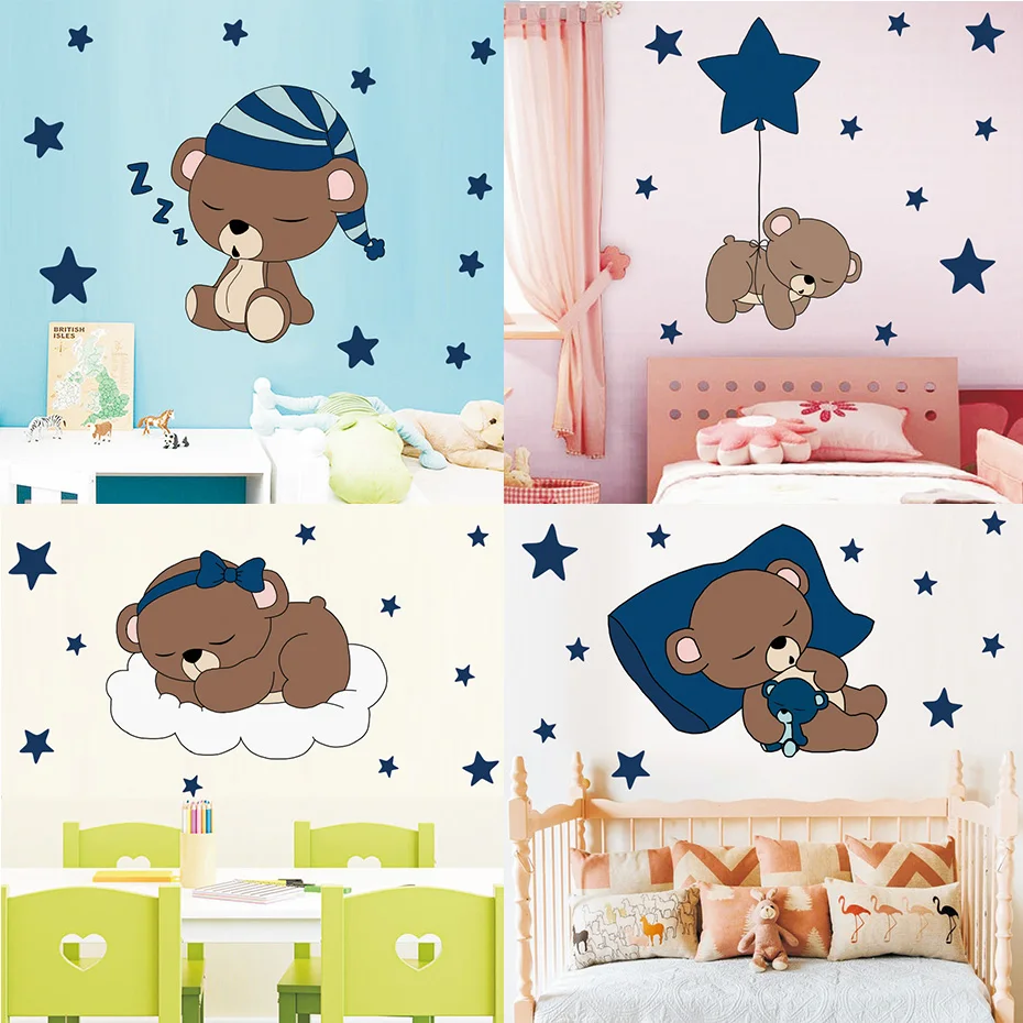 Cute Quite Sleep Bear with Stars Wall Decals Children's Kids Cartoon DIY Art Vinyls Stickers Bedroom Home Decor Mural Wallpaper