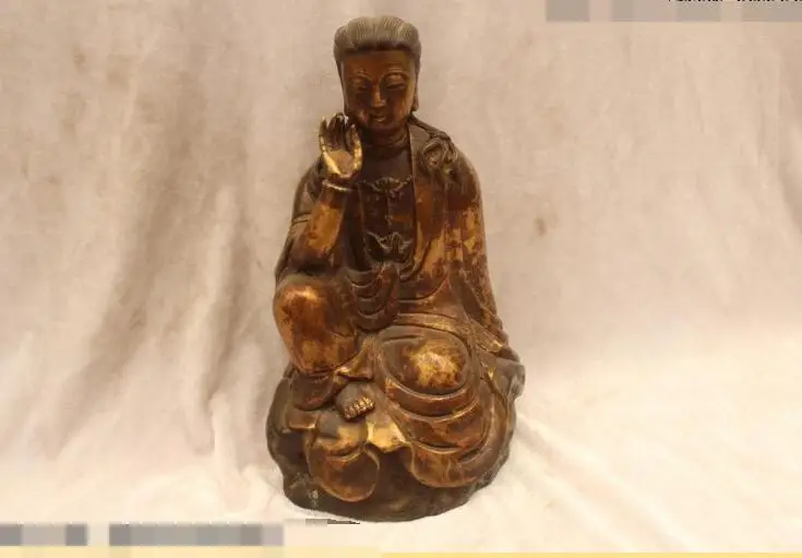 

S3443 9"China Buddhism Folk excellent Bronze Gild Sit Kwan-Yin Buddha Statue