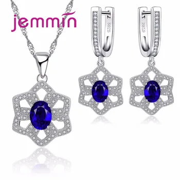 Jemmin Retro Style Fine 925 Sterling Silver Bridal Wedding Jewelry Set For Woman Sapphire Pendants Necklaces And Earrings Sets