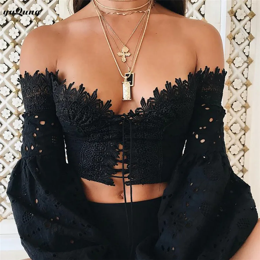 

yuqung Women hollow out lace Blouse embroidery off shoulder long puff sleeve short Blouse crop Tops Ladies Shirt and Blouse O58