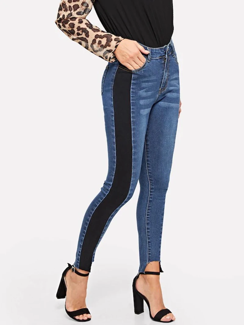 Однотонные черные стройная фигура штаны-шаровары джинсы Для Женщин Эластичные Ближний талии тощий карандаш синие джинсы брюки отбеленные джинсы-варёнки Для женщин