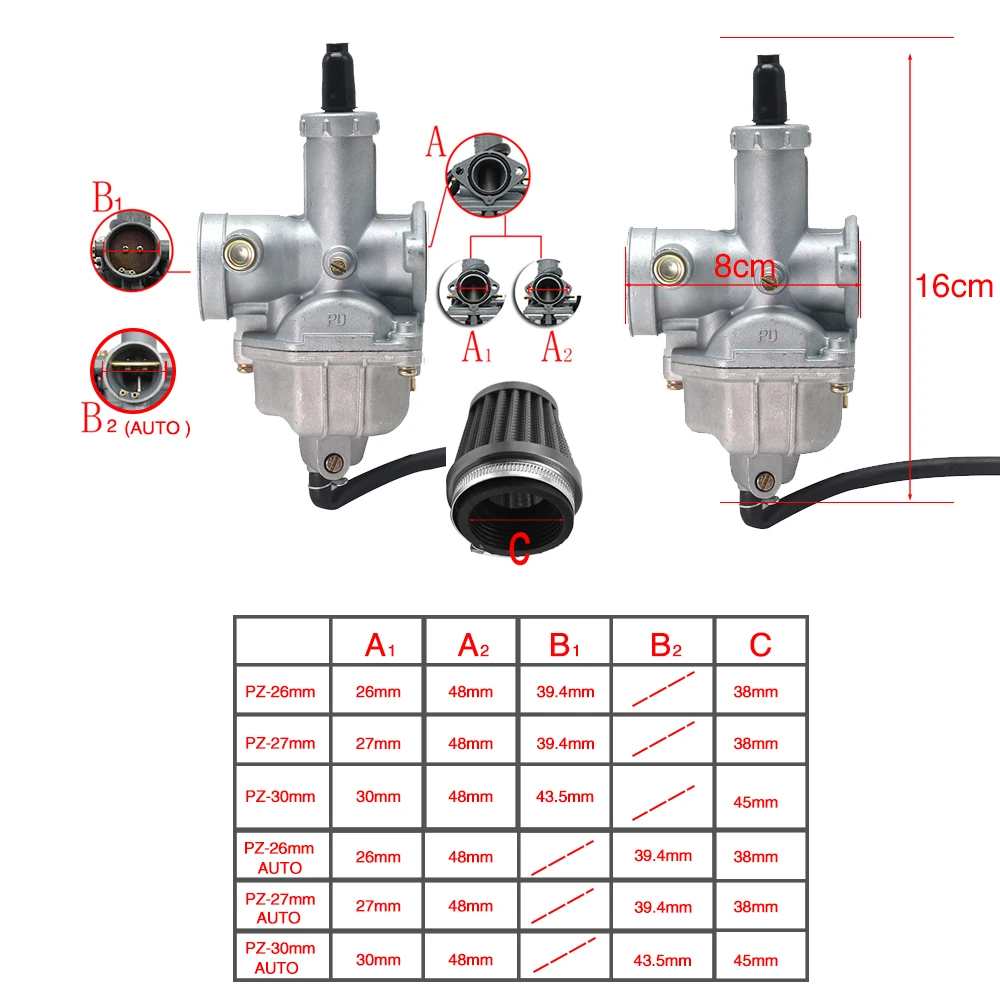 ZS Racing PZ26 PZ27 PZ30 Carb Auto Manu Carburetor+ Air Filter For 50cc- 250CC Dirt Pit bike ATV Quad Go kart SUNL TAOTAO