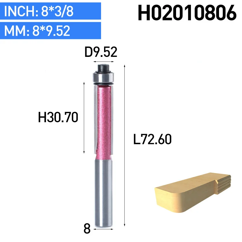 1 шт. 8 мм хвостовик Деревообработка заподлицо фрезы для дерева промышленного класса обрезные фрезы с подшипником фрезы - Длина режущей кромки: H02010806