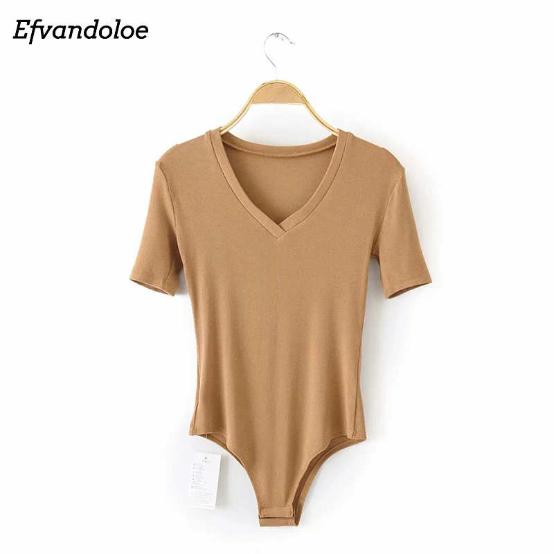  Efvandoloe Women Bodysuit V Neck Jumpsuit body femme romper Sexy bodies ladies Short Sleeve Knitted