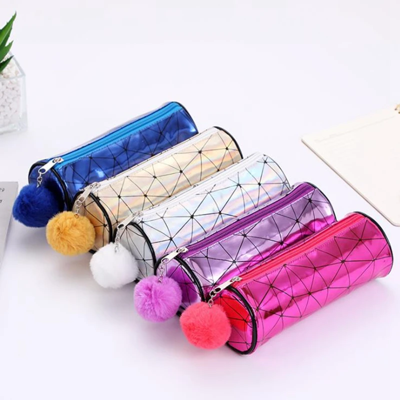 

Iridescent Laser Holographic Pencil Case for Girls Boy School Pencil Box Hairball Cylinder Pencil Bag School Supplies Stationery