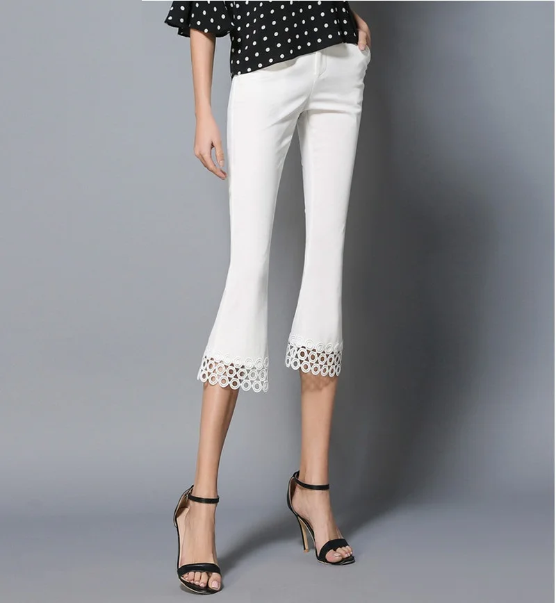 fashion 2017 spring new Slim white pants women lace stitching embroidery lace pants female