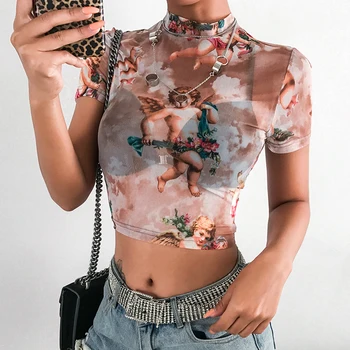 

SUCHCHUTE Casual Turtleneck Transparent Tops Tees See Through Mesh Print Women T-shirt 2019 Spring Women Tee Shirt Party Club