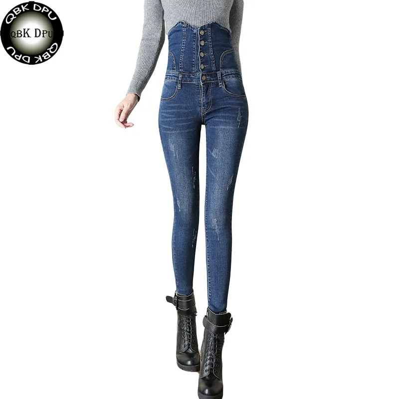 Женские Эластичные Обтягивающие джинсовые брюки-карандаш с высокой талией, длинные джинсы для мамы размера плюс, новинка, женские зимние утолщенные брюки, уличная одежда