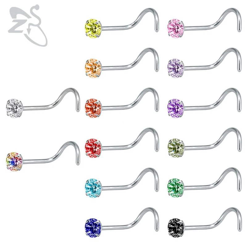 

ZS 14 Pcs/set AAA Cubic Zirconia Nose Studs Indian Jewelry 316L Stainless Steel Nose Ring Fashion Flesh Piercing Body Jewelry