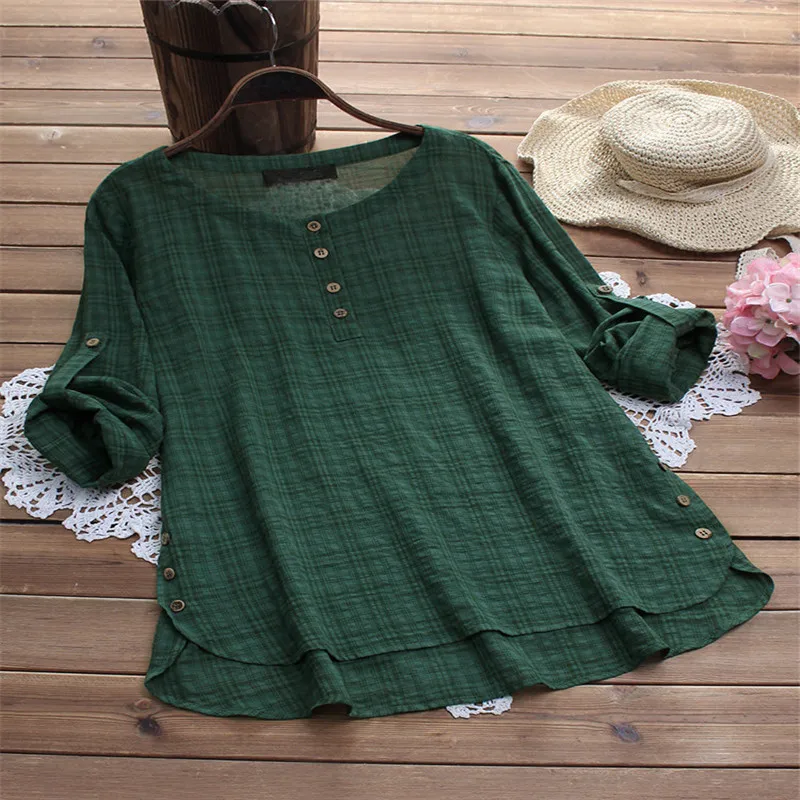  Round Neck Women's Shirt Plus Size Loose Women Plaid Casual Cotton Long Sleeved Fashion Polyester T