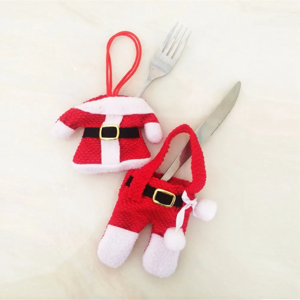 

1 set Cloth+Trousers Santa Claus Cutlery Holder Utensil Bags Fork Spoon Knife Pockets Christmas Tableware Decor New Gift
